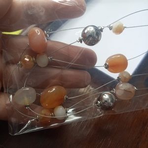 Fulu Autumn 3 stranded white, silver tone, peach tan beaded necklace